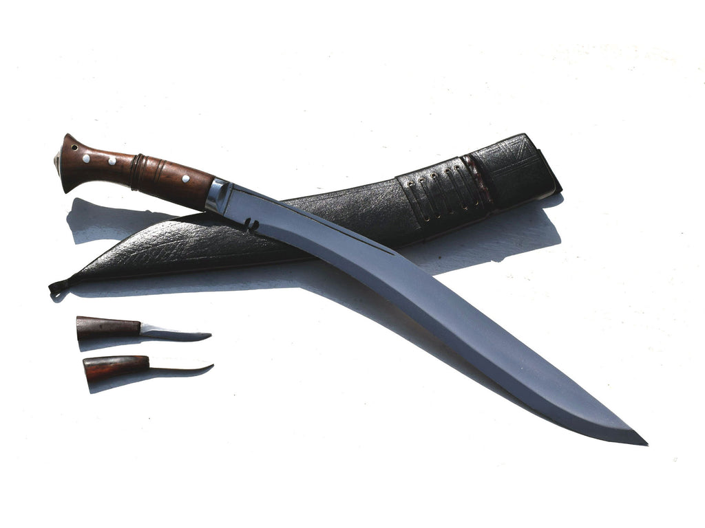 Sirupate Kukri full tang blade with rosewood handle and black leather sheath displayed on white background – Grace Kukri House