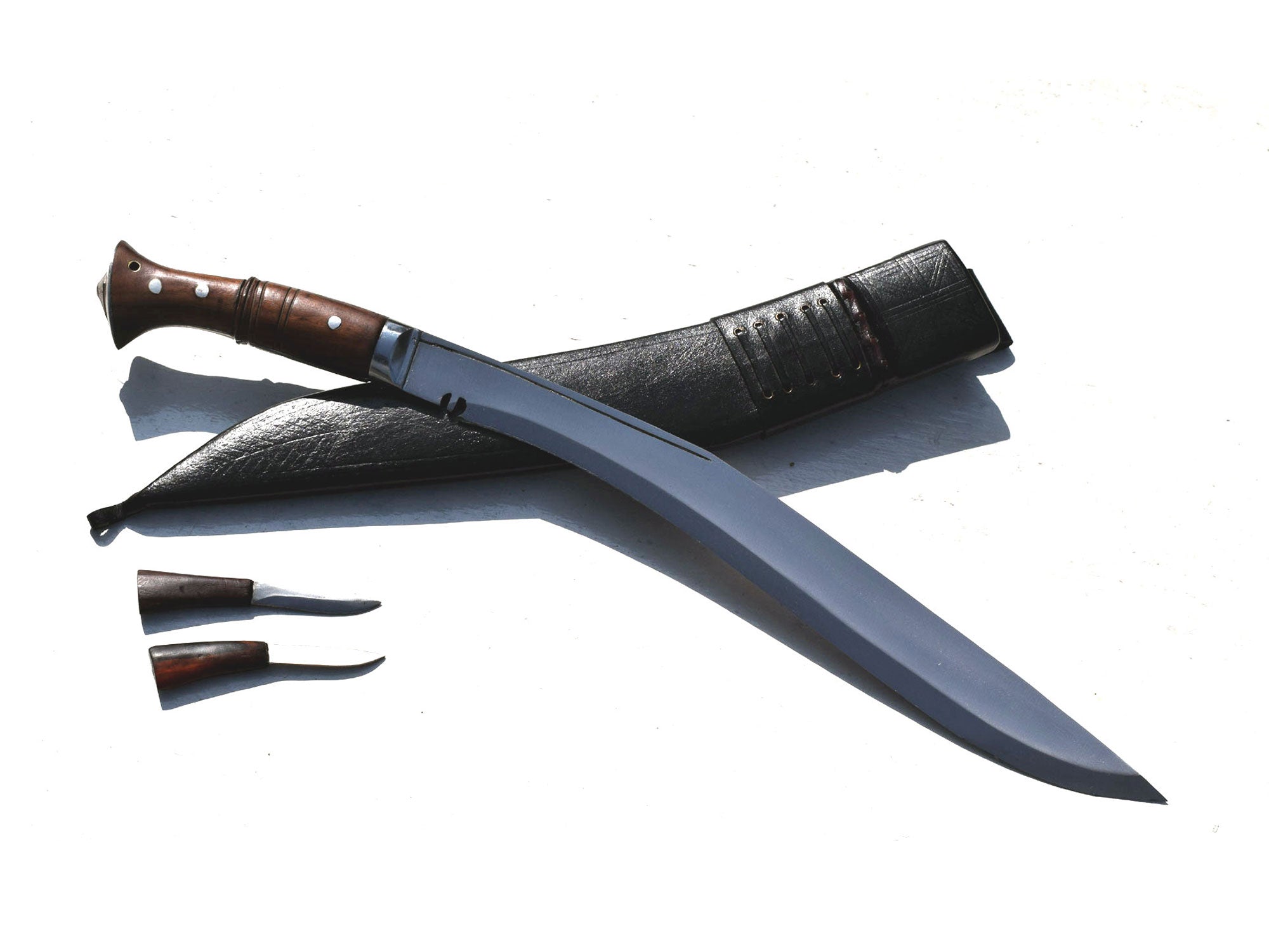 Sirupate Kukri full tang blade with rosewood handle and black leather sheath displayed on white background – Grace Kukri House