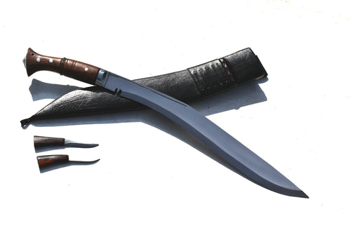Sirupate Kukri knife angled view with rosewood handle, black leather sheath, and karda knives – Grace Kukri House