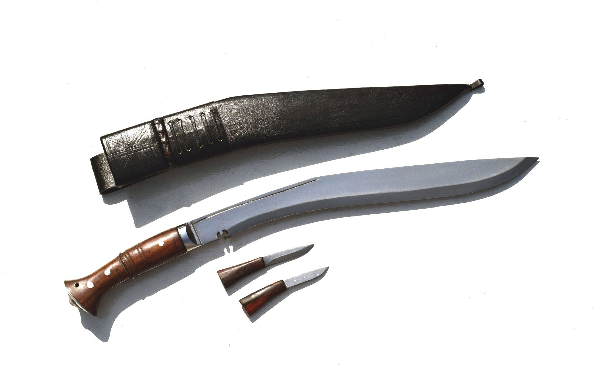 Sirupate Kukri knife unsheathed showing full blade length, rosewood handle, black sheath, and two karda knives – Grace Kukri House