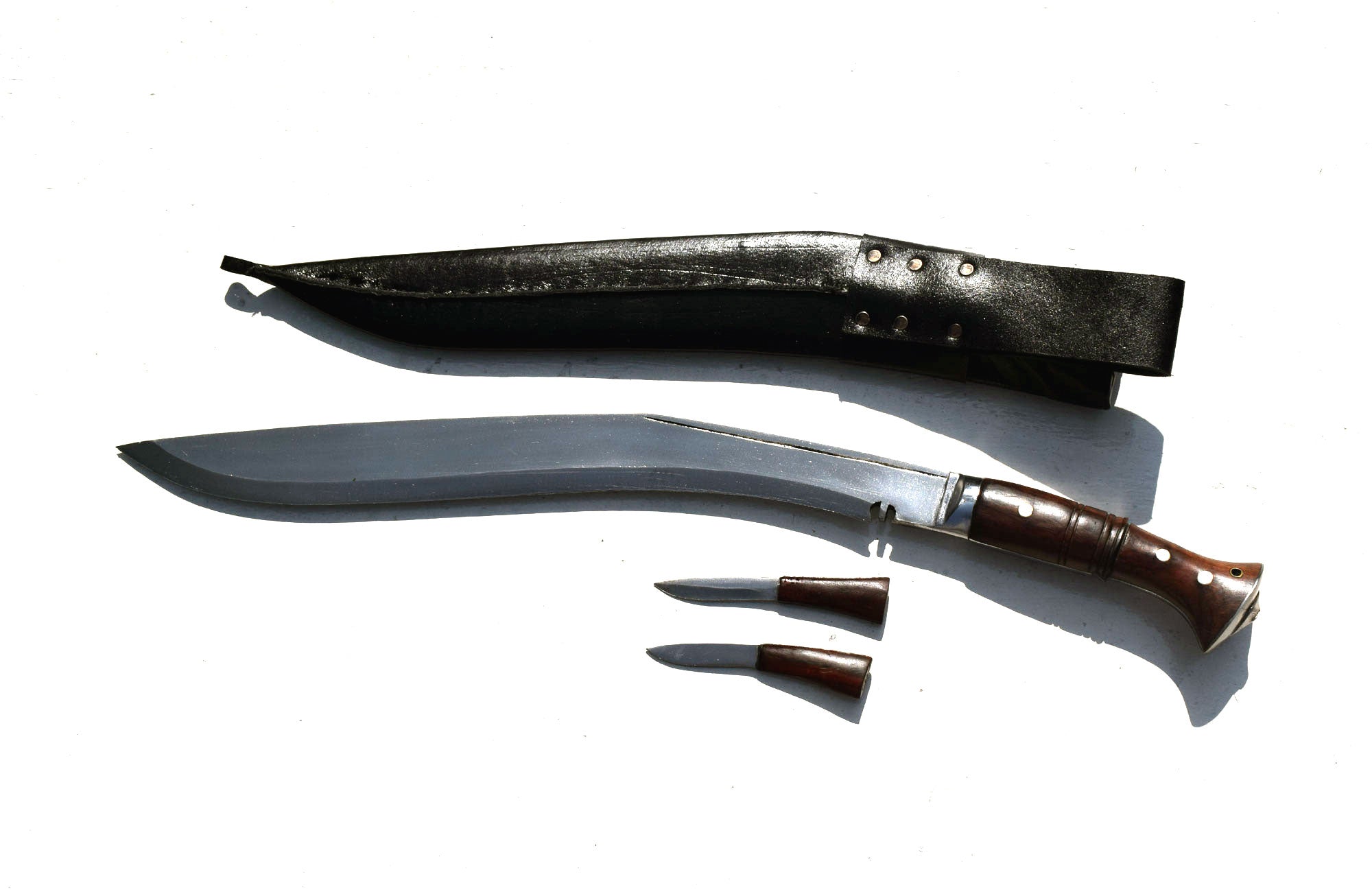 Sirupate Kukri knife with black leather sheath separated, showing full blade and rosewood handle with karda knives – Grace Kukri House
