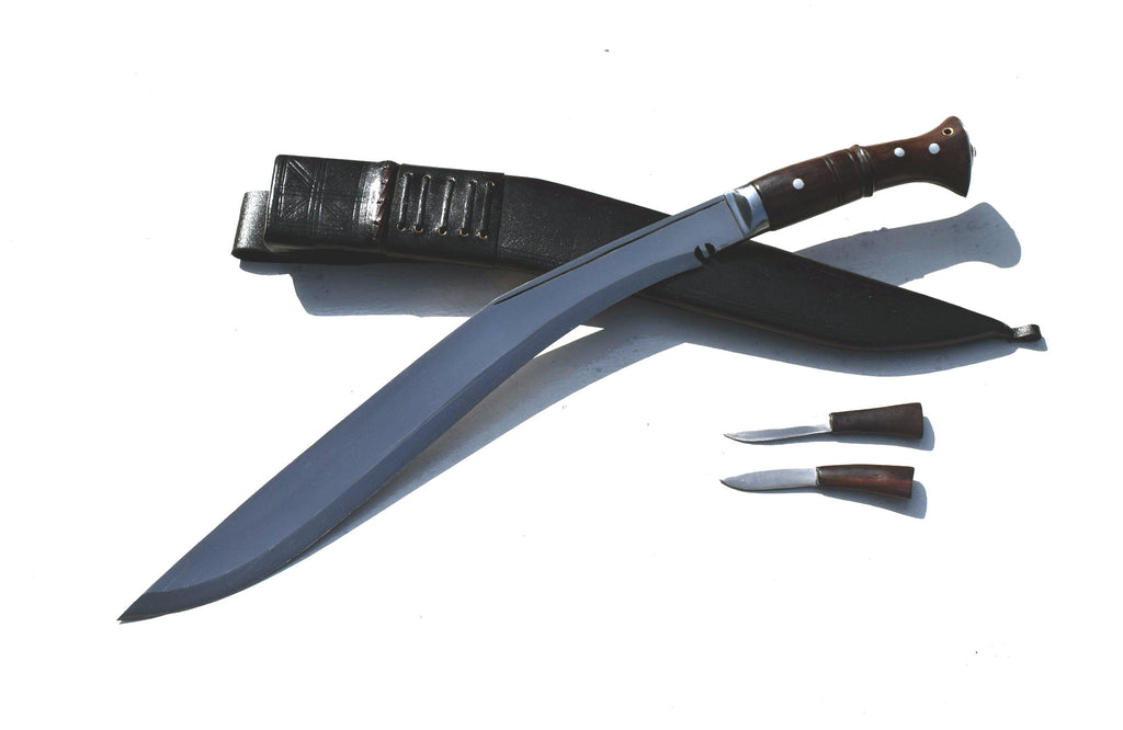 Handmade Sirupate Kukri knife with full tang blade, rosewood handle, black leather sheath, and two karda utility knives – Grace Kukri House